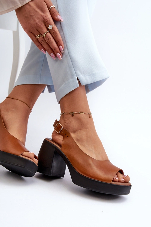 Zazoo 40376 Skórzane Sandały Na Masywnym Obcasie Brązowe