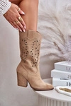 Ażurowe Kozaki Do Połowy Łydki Na Słupku Zamszowe Lewski 3609 Beżowe