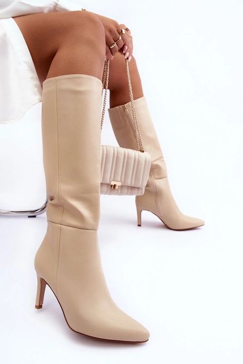 Skórzane Kozaki Na Szpilce Przed Kolano Beżowe Serpens