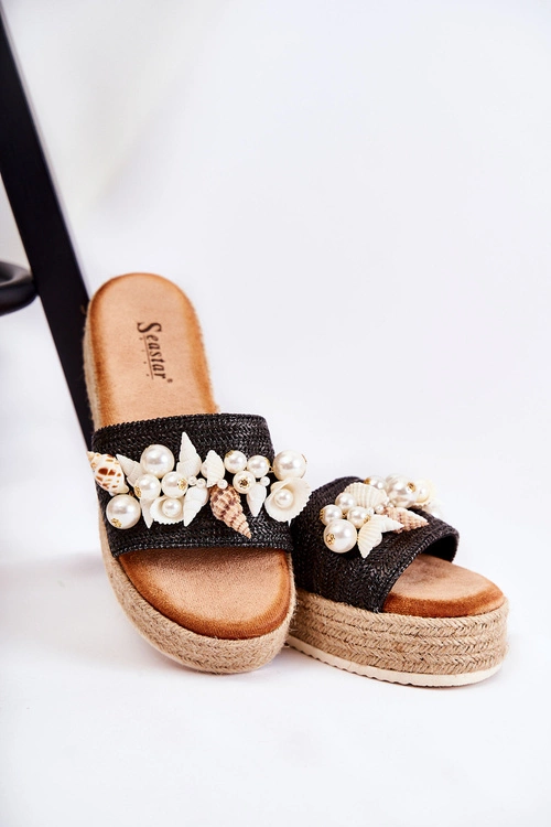 Damskie Klapki Na Platformie Z Muszelkami Czarne Tolia