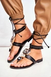 Wiązane Sandały Gladiatorki Z Kryształkami Czarne Volare