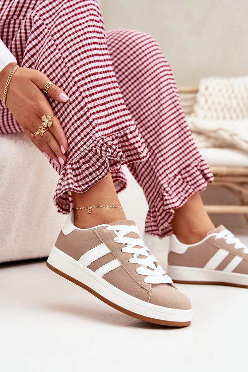 Buty Sportowe Sneakersy Damskie Z Eko Skóry Ciemnobeżowe Ravina