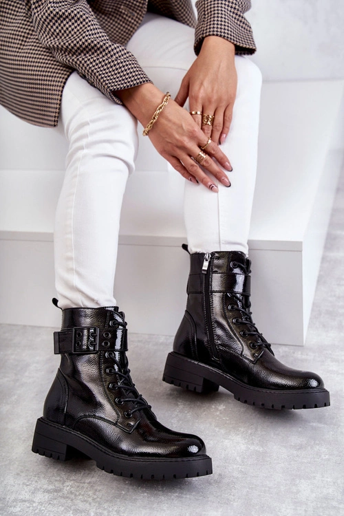 Damskie Botki Lakierowane Sznurowane Na Płaskim Obcasie Czarne Firmina