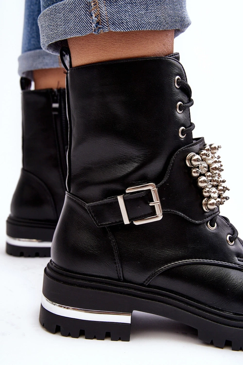 Damskie Ocieplane Botki Workery Zdobione Czarne Lennen