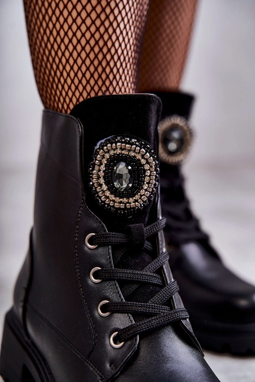 Ocieplane Skórzane Botki Z Ozdobą Czarne Blandi