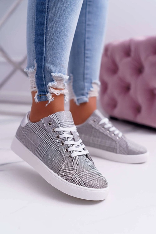 Damskie Trampki W Kratkę Brokat Szare Bellisa