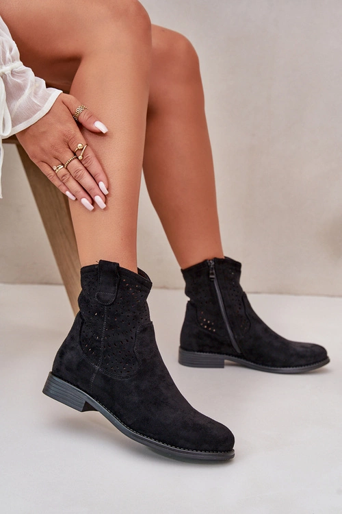 S.Barski HY66-135 Damskie Ażurowe Botki Na Płaskim Obcasie Czarne