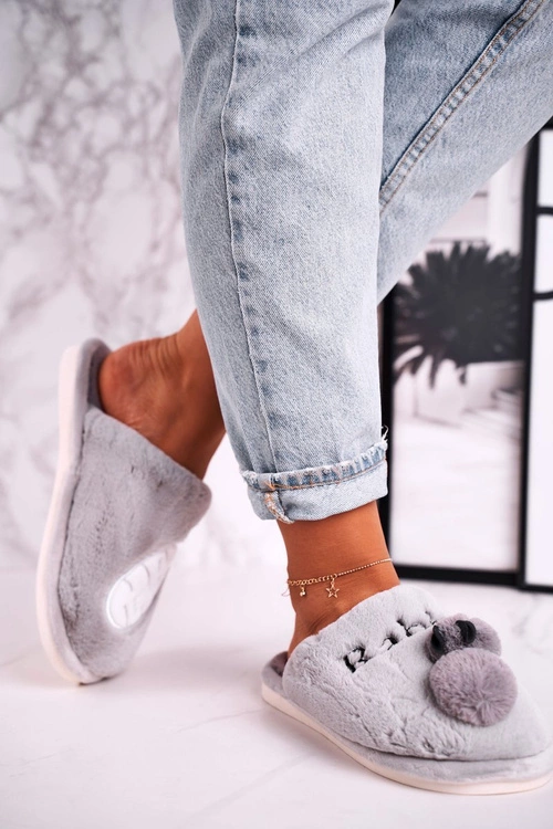 Damskie Futrzane Papcie z Królikiem I Marchewką Szare Follow Me