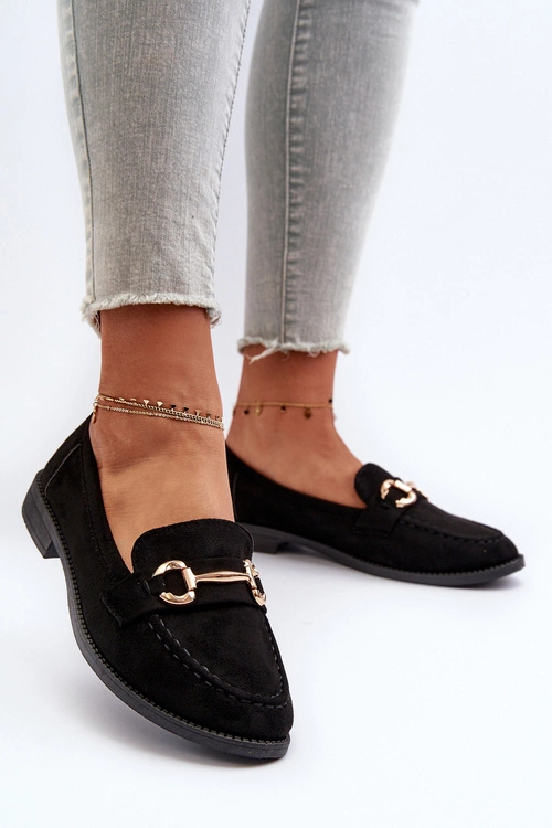 Mokasyny Damskie Na Płaskim Obcasie Z Ozdobą Czarne Aviole