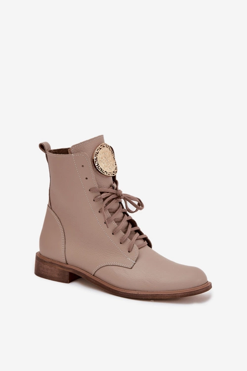 Skórzane Botki Damskie Na Płaskim Obcasie Ze Złotym Detalem Zazoo 3084 Beżowe