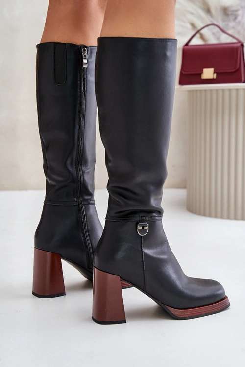 Skórzane Eleganckie Kozaki Na Słupku Ocieplane D&A JC42-39 Czarne