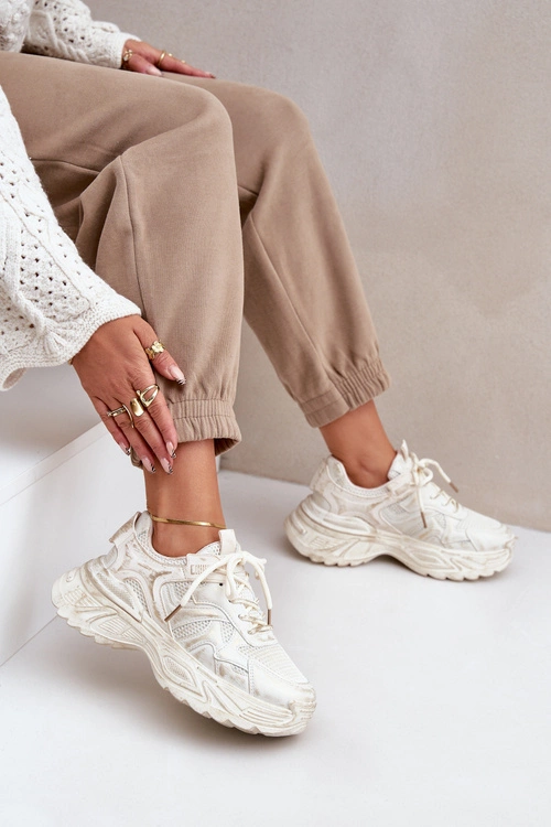 Sneakersy Damskie Z Przetarciami Na Platformie Beżowe Seladwen