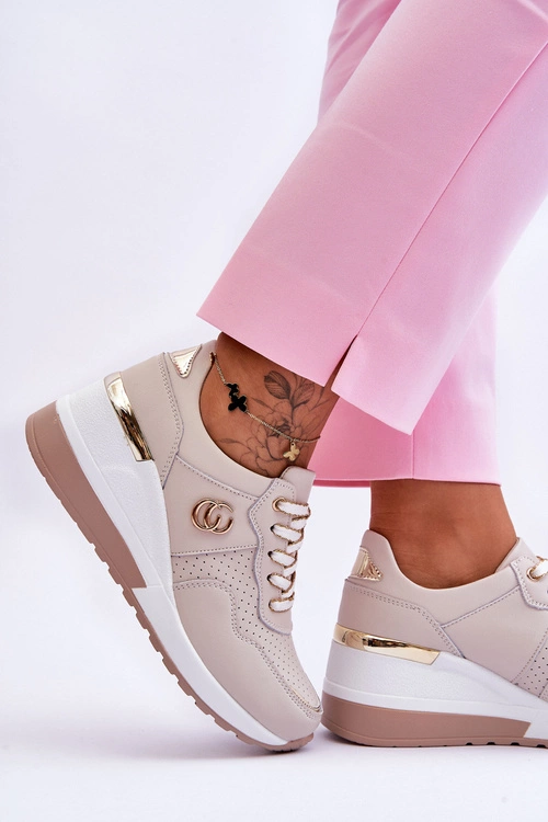 Damskie Skórzane Buty Sportowe Na Koturnie Beżowe Rebeca