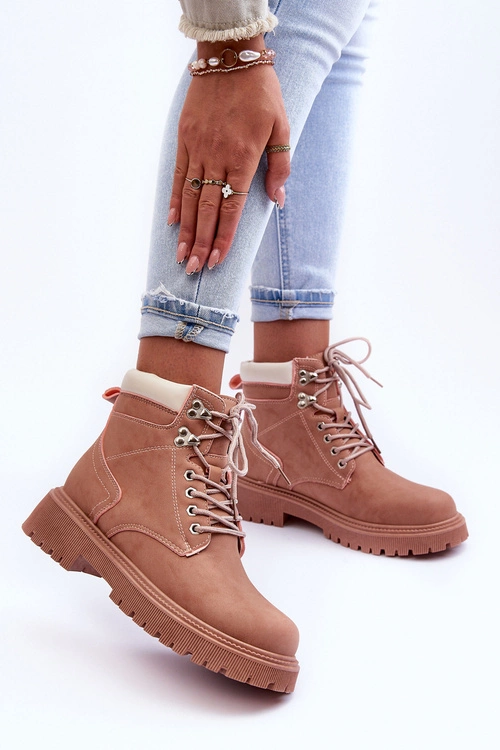 Damskie Skórzane Ocieplane Trapery Różowe Poles