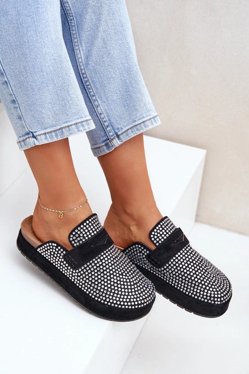 Klapki Damskie Zdobione Cyrkoniami Na Platformie Czarne Deorani