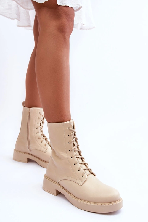 Skórzane Botki Workery Na Płaskim Obcasie Jasnobeżowe Aganne