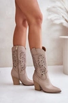 Ażurowe Kozaki Do Połowy Łydki Na Słupku Skórzane Lewski 3609 Beżowe