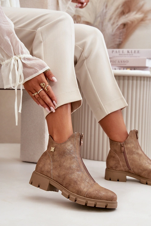 Ocieplane Botki Damskie Z Przetarciami Eko Skórzane Brązowo-Złote Verietta