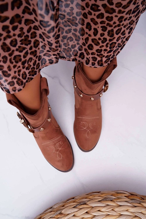 Botki Damskie Płaski Obcas Kowbojki z Klamrą Camel Ewella