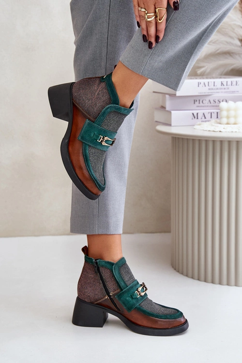 Skórzane Botki Damskie Na Masywnym Obcasie Z Ozdobą Maciejka A6747-29 Brązowo-Zielone