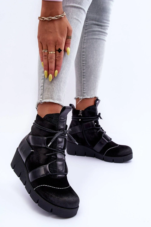 Skórzane Botki Na Koturnie Maciejka 06185-01 Czarne