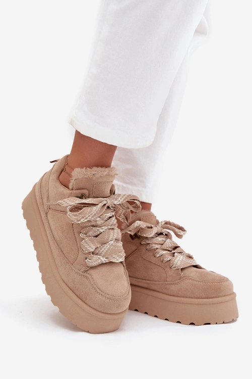 Sznurowane Śniegowce Damskie Na Platformie Ocieplane Futerkiem Beżowe Tavelle