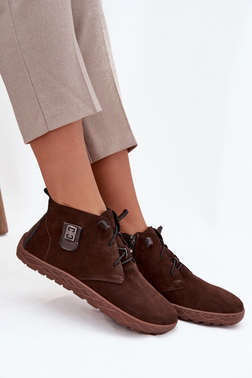 Zamszowe Półbuty Barefoot Damskie Z Ozdobnym Detalem Zazoo 30072 Czekoladowe