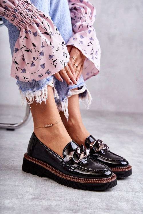 Lakierowane Półbuty Loafery Na Platformie Czarne Reidun