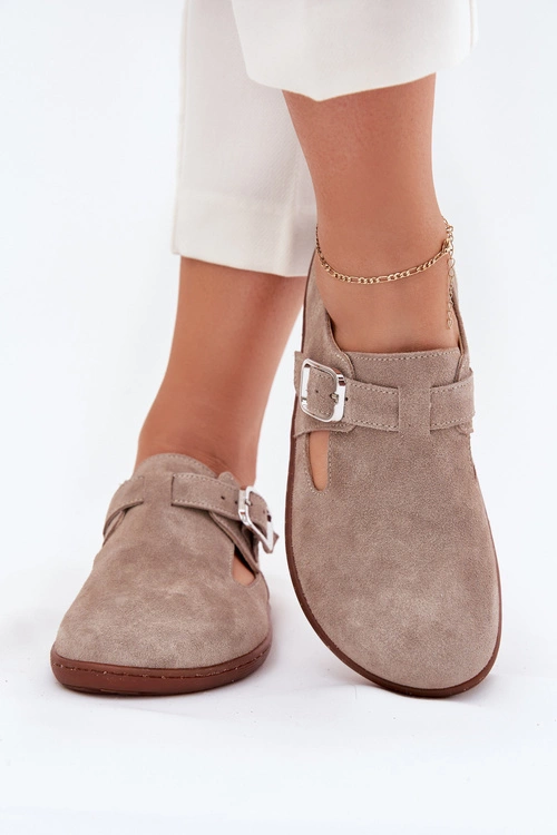 Zamszowe Półbuty Barefoot Damskie Z Klamrą Zazoo N1261 Beżowe