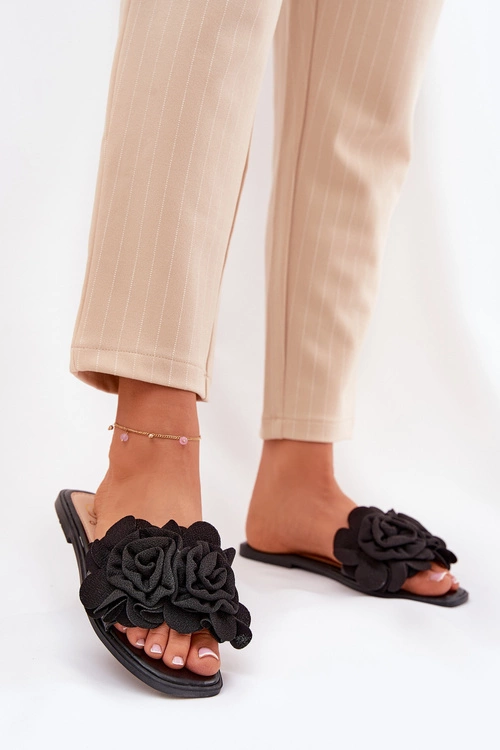 Klapki Damskie Na Płaskim Obcasie Z Ozdobnymi Kwiatami Czarne Misorsse