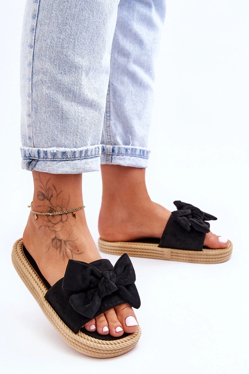 Damskie Zamszowe Klapki Z Kokardą Czarne Fency