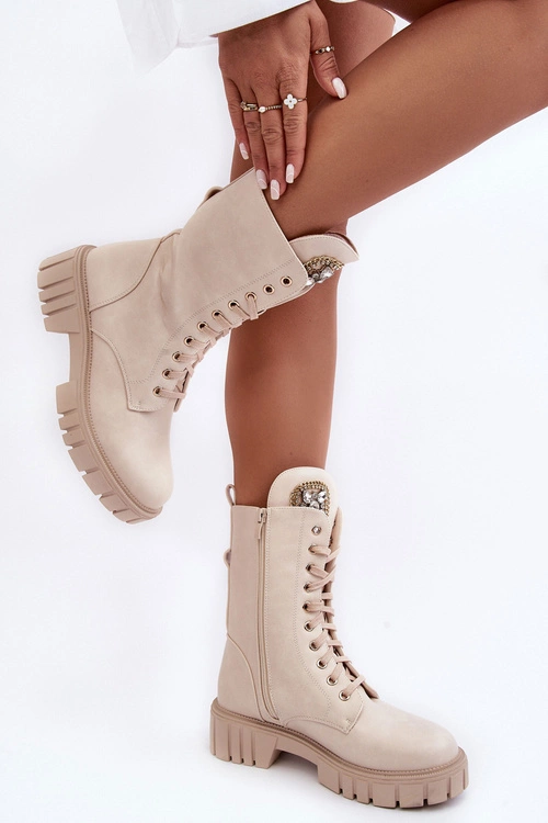 Skórzane Botki Workery Z Biżuteryjną Ozdobą Beżowe Marx