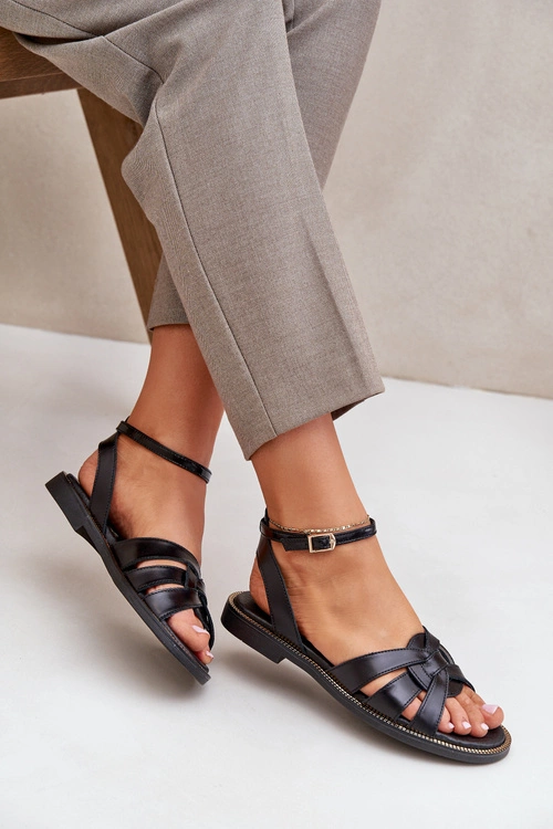 Skórzane Sandały Damskie Na Płaskim Obcasie Zazoo 3688 Czarne