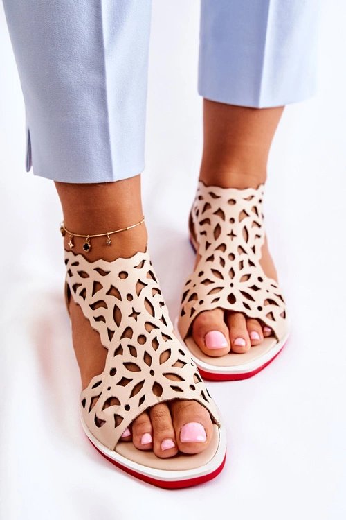 Skórzane Lekkie Ażurowe Sandały Beżowe Alima