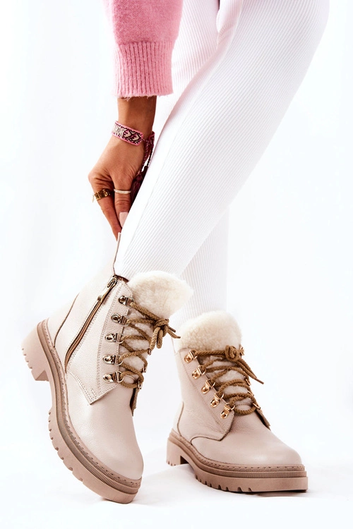 Skórzane Ocieplane Botki Beżowe Khaleni