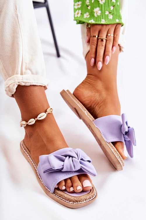 Damskie Klapki Z Materiałową Kokardą Fioletowe Ginna