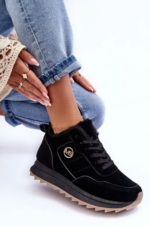 Ocieplane Skórzane Buty Sportowe Na Platformie Czarne Adite