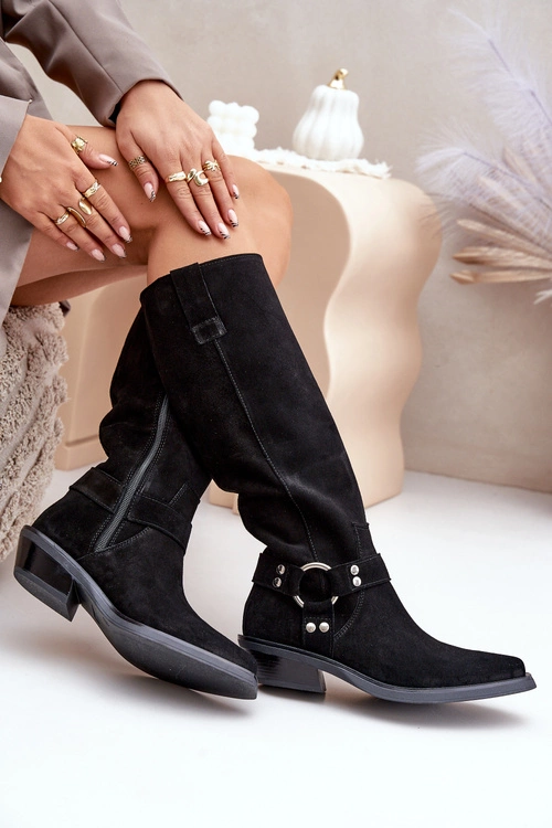 Zamszowe Kozaki Kowbojki Na Niskim Obcasie Z Ozdobą Zazoo 3656 Czarne