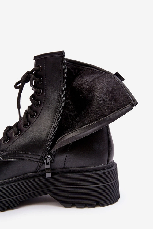 Damskie Sznurowane Botki Workery Na Grubej Podeszwie Czarne Biancis