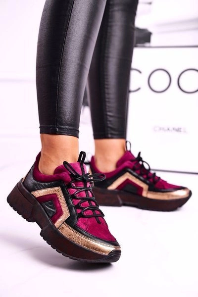Damskie Półbuty Sneakersy Maciejka Skórzane Bordowe 04731-23