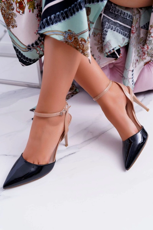 Damskie Szpilki Sandałki Czarno Beżowe Ergola