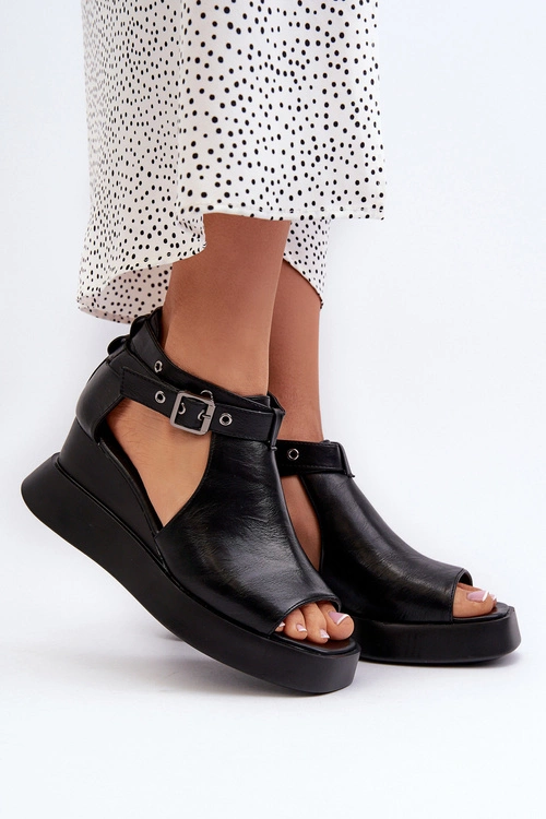 Sandały Damskie Na Platformie I Koturnie Z Eko Skóry Czarne Hloeli
