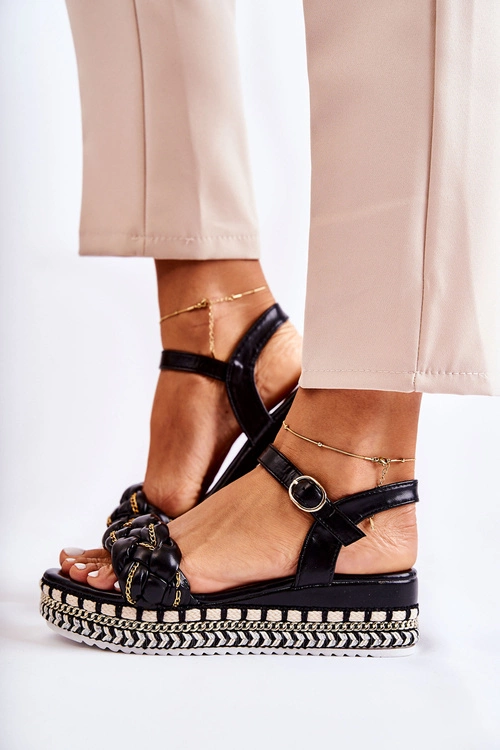 Damskie Plecione Sandały Na Koturnie Czarne Chaves