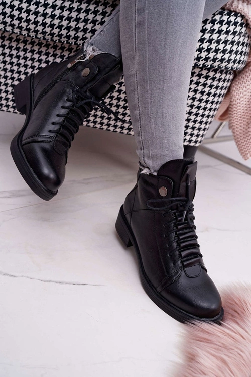 Damskie Botki Płaski Obcas Ocieplane Czarne Livin