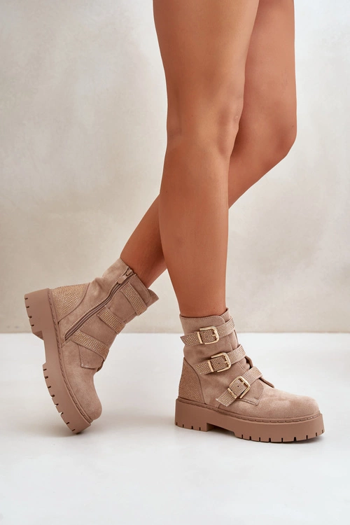 Ocieplane Botki Damskie Z Klamrami Beżowe Tiaeliana