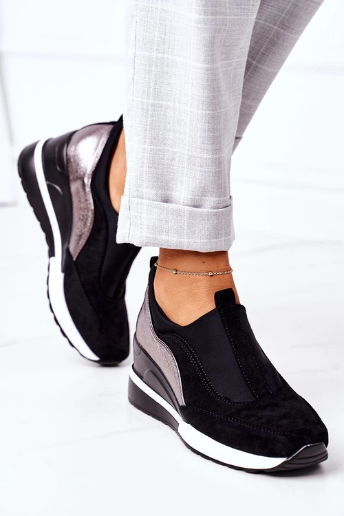 Wsuwane Sneakersy Na Koturnie Vinceza 10593 Czarno-Srebrne