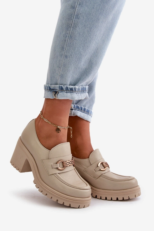 Zazoo 20175 Półbuty Damskie Na Słupku Skóra Naturalna Jasnobeżowe