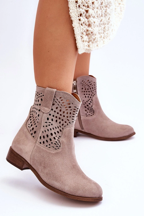 Damskie Zamszowe Ażurowe Botki Lewski Shoes 3301 Cappuccino