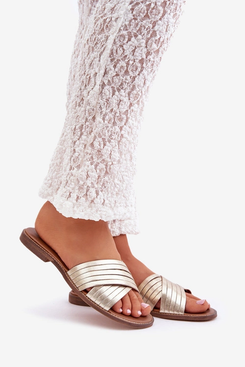 Skórzane Damskie Klapki Lewski Shoes 3682 Złote