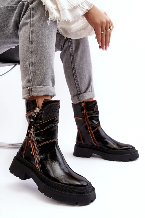 Damskie Lakierowane Skórzane Botki Z Suwakami Maciejka 06238-18 Czarne